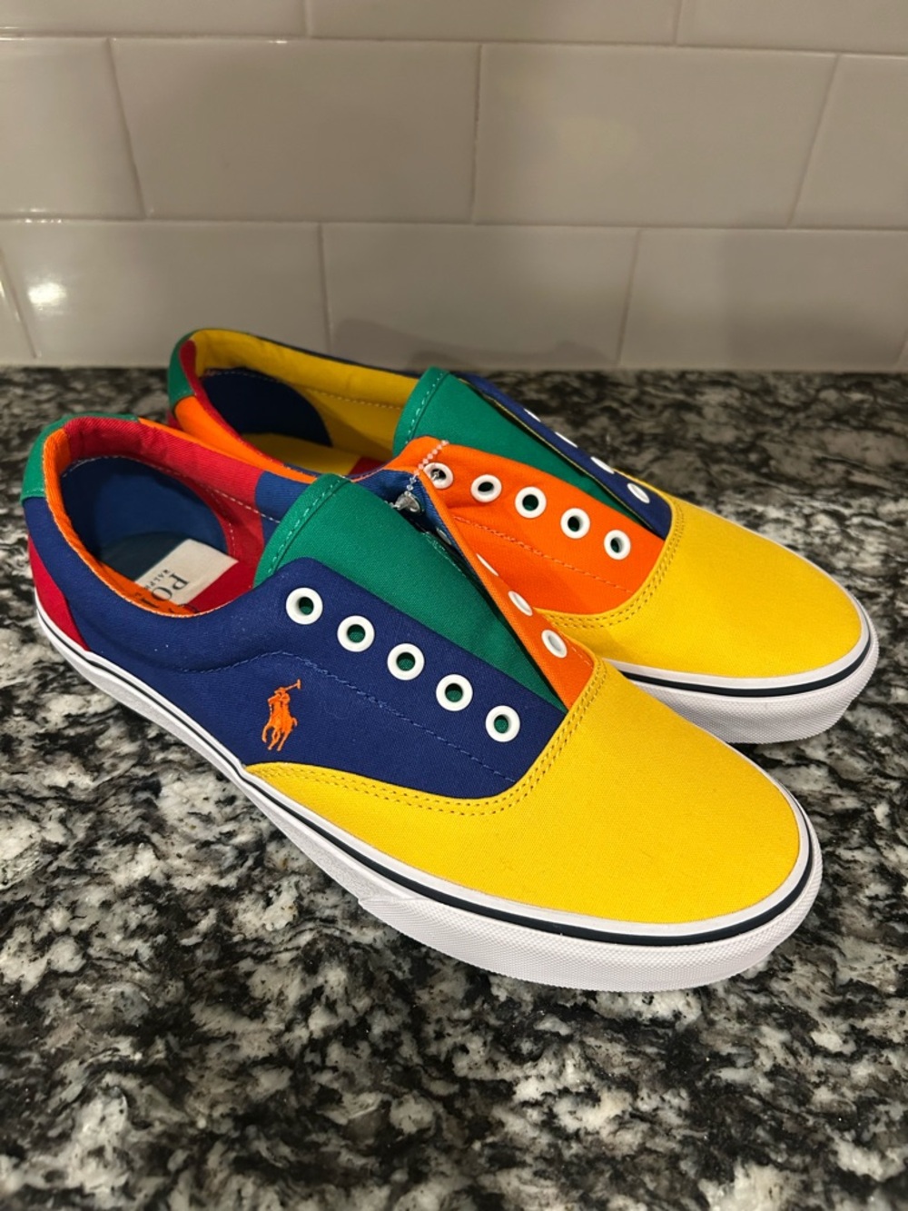 Polo by Ralph Lauren Multicolor Canvas Slip-On Sneakers - Yellow/Navy/Green
